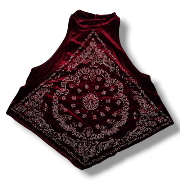 Free People Velvet Bandana Bling Halter Top Size M Maroon Hanky Hem Western - Picture 2 of 13